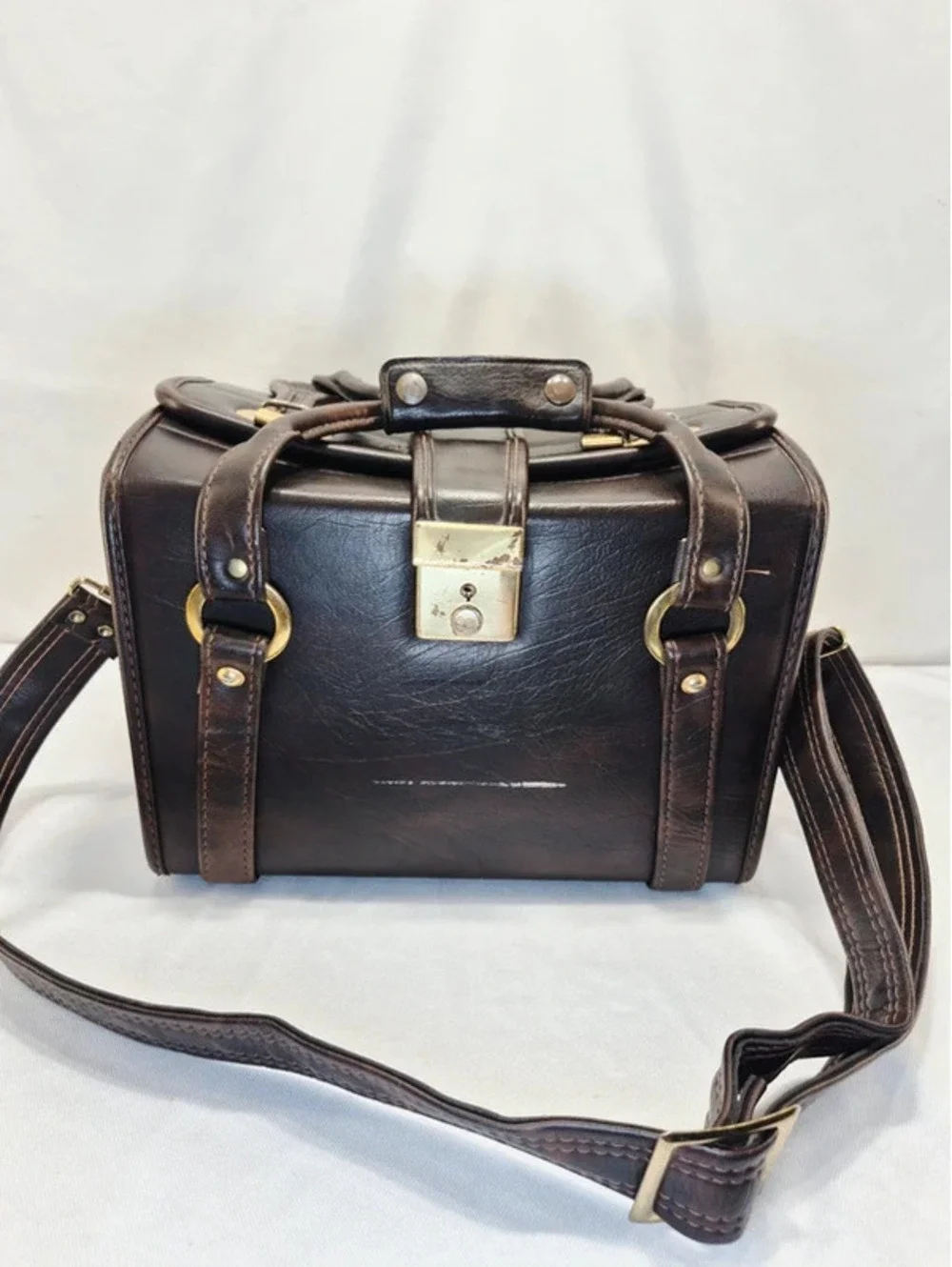 Vintage 70's Brown Leather hard case camera equipment carrierbag c